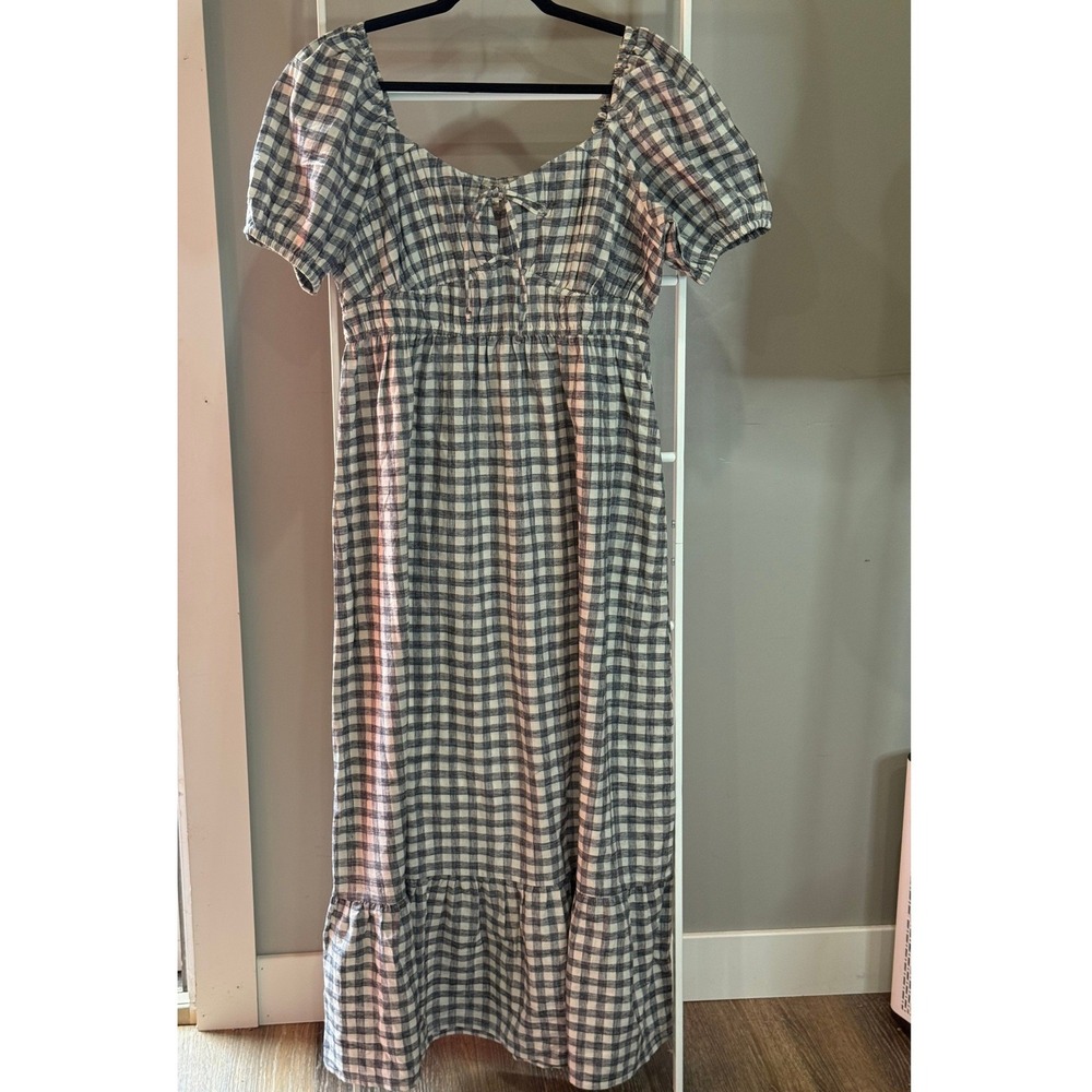 Dizzy Lizzy Gingham Maxi Dress Cotton Puff Sleeve Smocked Tiered L Cottagecore